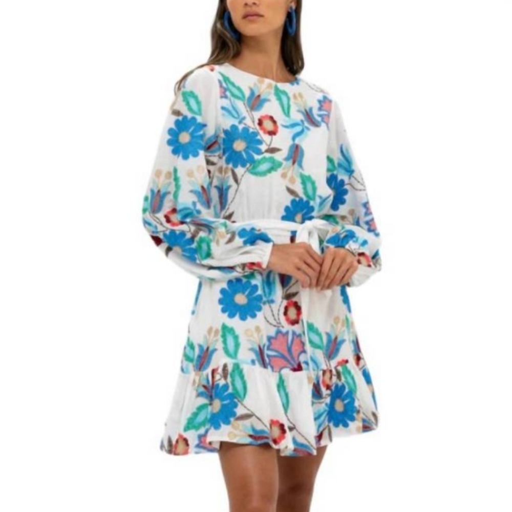 Oliphant Flirty Short Long Sleeve Dress in Monet Blue Coastal Cottagecore Sz L